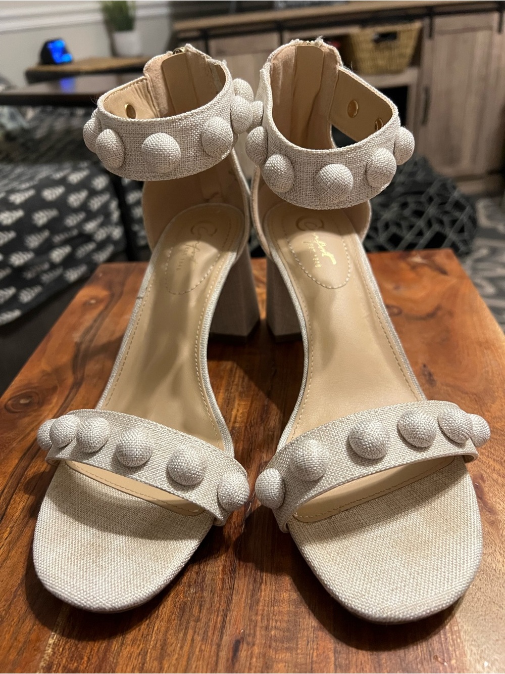 Cato Comfort Linen Pom Pom Block Heel Sandals Women’s 8W Wide